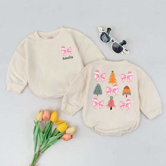 Cute Amelia Pink Bow Santa Hat Christmas Romper for Baby Girl First Holiday Outfit Toddler Custom Name Gift Fun Orange Green Trees