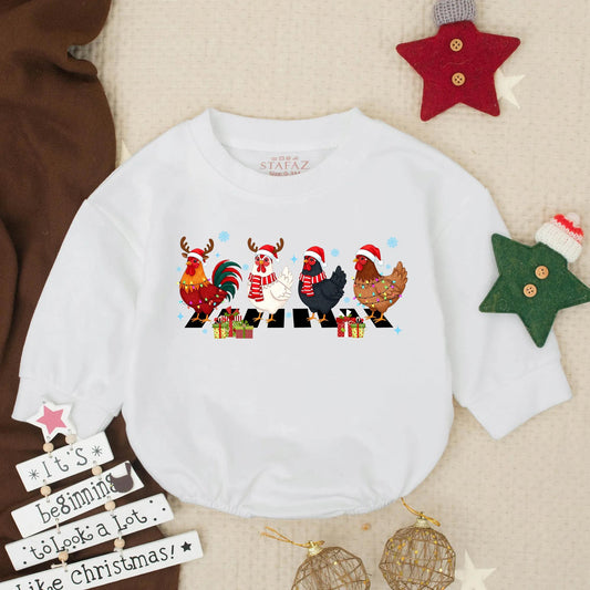 Festive Chicken Crossing Baby Romper, First Christmas Outfit for Boys, Whimsical Holiday Toddler Clothes with Cute Farm Animal Design & Snowflake Details