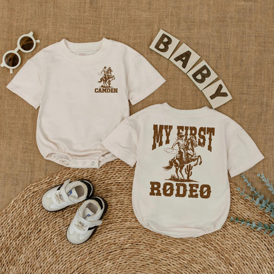 Custom My First Rodeo Baby Romper Vintage Western Cowboy Horse First Birthday Outfit with Name Rustic Brown Infant Bodysuit Gift