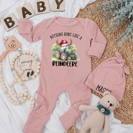 Reindeer Tractor Christmas Baby Bodysuit, Farm Holiday Outfit for Baby Boy, Cute Newborn Reindeer Clothes, Custom Name Romper Gift 130-140 characters
