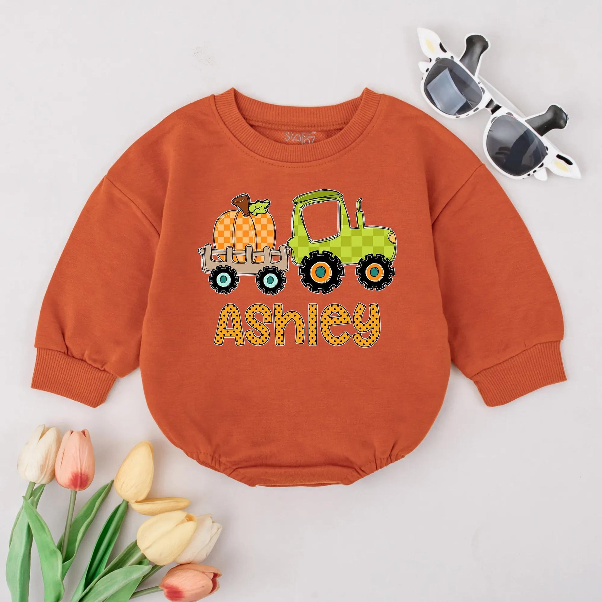 Ashley Pumpkin Tractor Bubble Romper Baby Girl Fall Outfit Personalized Thanksgiving Bodysuit Custom Name Autumn Newborn Gift
