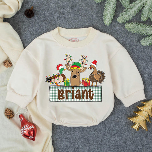 Custom Hunting Christmas Baby Romper, Personalized Deer & Duck Infant Outfit, First Christmas Gift for Baby Boy, Toddler Holiday Clothes