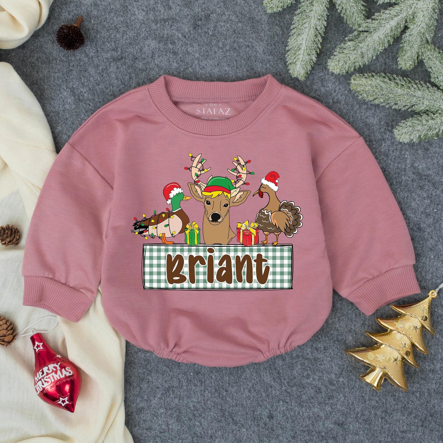 Custom Hunting Christmas Baby Romper, Personalized Deer & Duck Infant Outfit, First Christmas Gift for Baby Boy, Toddler Holiday Clothes