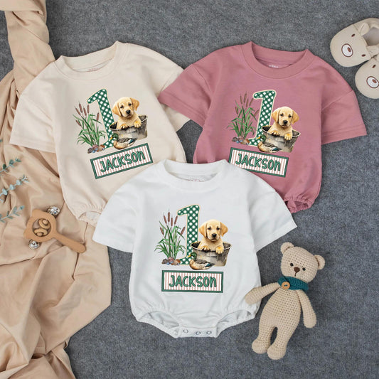 Custom Name Lab Dog Mallard Duck Hunting Baby Romper Plaid Number 1 Southern Infant Outfit Cartoon Boy Design Gift