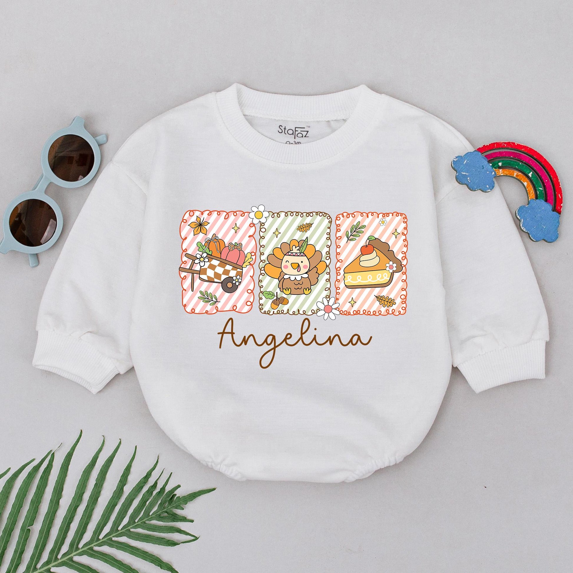 Angelina Personalized Retro Romper Warm Autumnal Graphics Baby Bodysuit First Thanksgiving Outfit Fall Baby Gift
