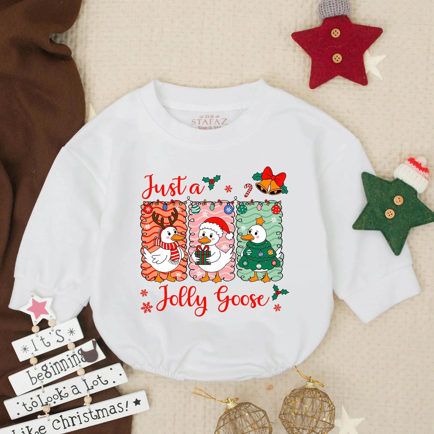 Just a Jolly Goose Christmas Bubble Romper Cute Cartoon Goose Holiday Baby Outfit Toddler First Christmas Clothes Infant Holiday Gift