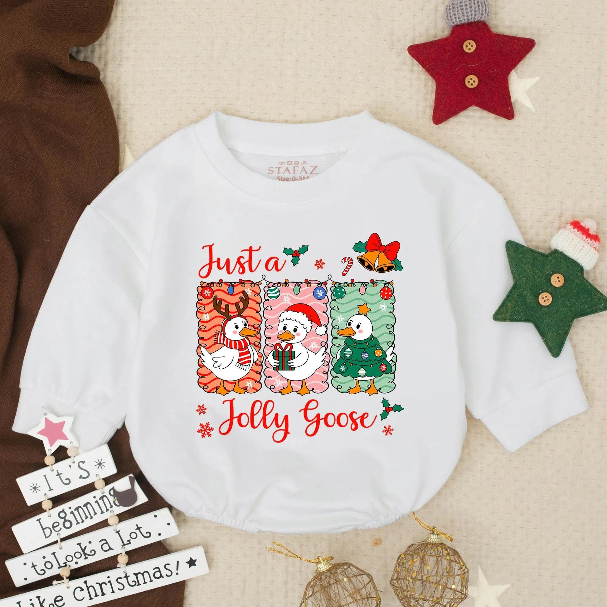Just a Jolly Goose Christmas Bubble Romper Cute Cartoon Goose Holiday Baby Outfit Toddler First Christmas Clothes Infant Holiday Gift