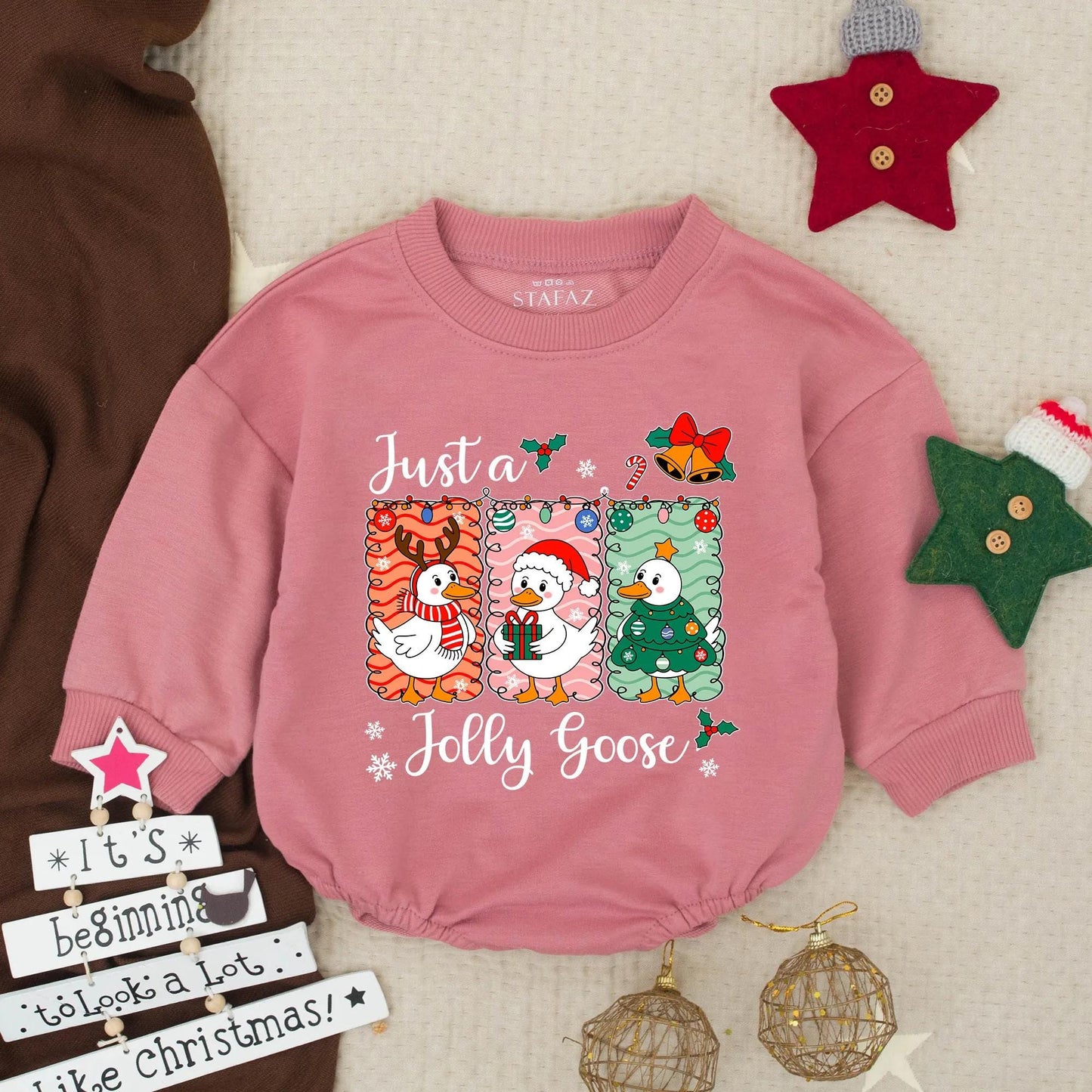 Just a Jolly Goose Christmas Bubble Romper Cute Cartoon Goose Holiday Baby Outfit Toddler First Christmas Clothes Infant Holiday Gift