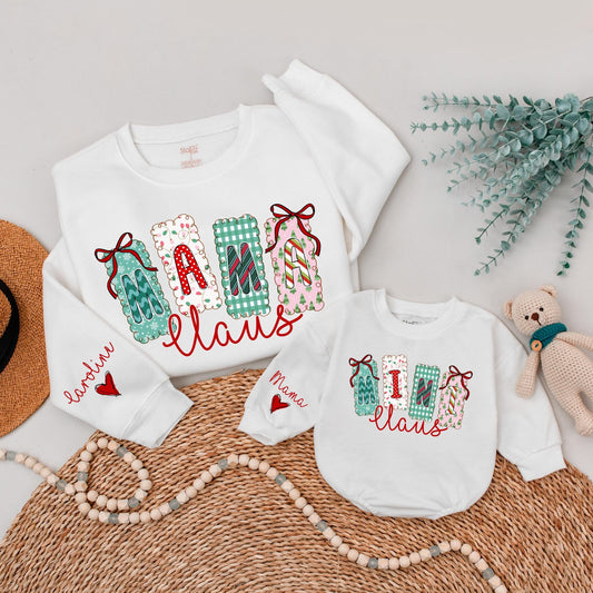 Mama Claus Christmas Sweatshirt with Festive Lettering Matching Family Sweaters & Mini Claus Option Whimsical Holiday Gift for Mom & Baby Xmas Outfit