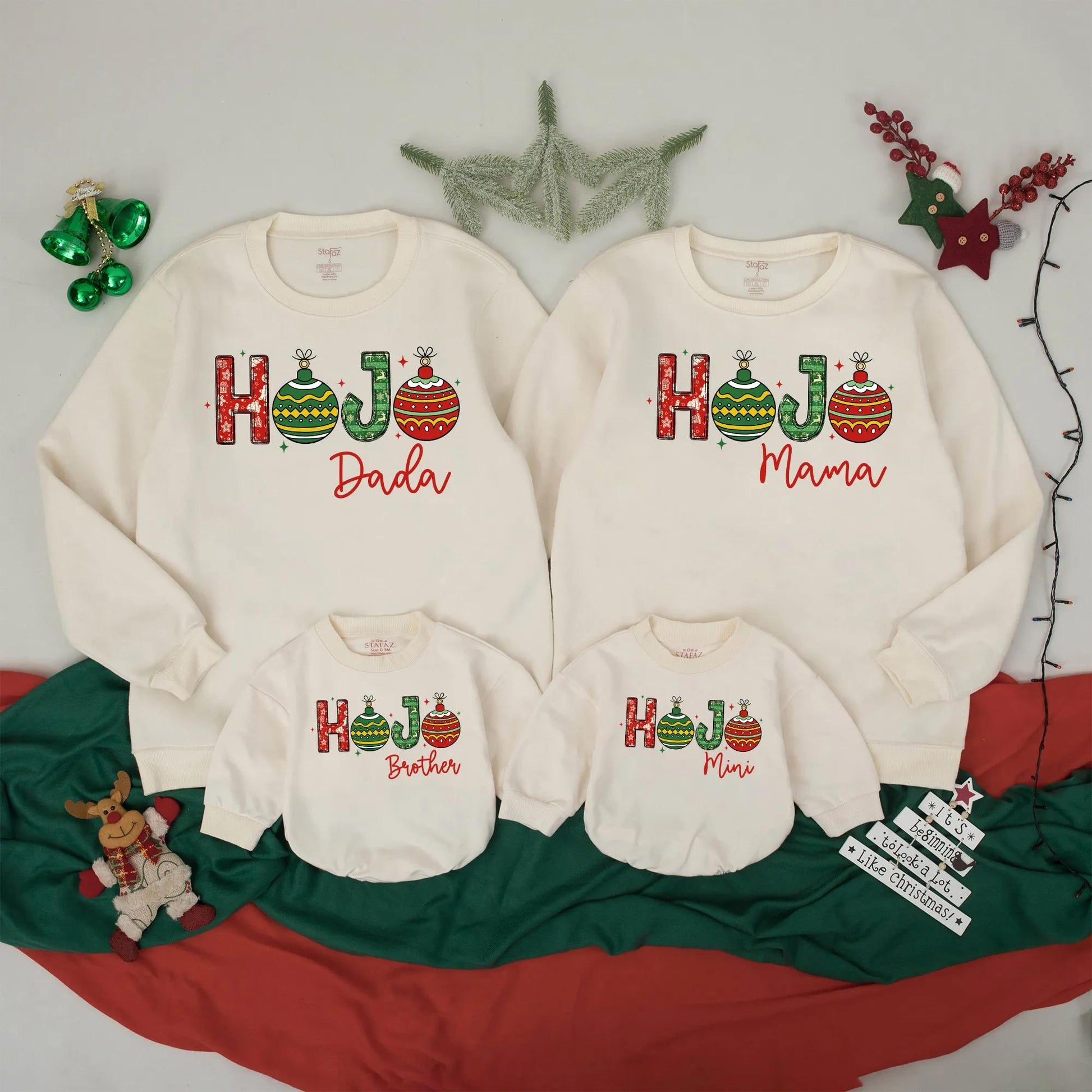 Custom HoJo Family Christmas Sweatshirts Mama Dada Mini Matching Vintage Holiday Outfits Personalized Xmas Gifts Cozy Red Green Ornaments Gold Outline Festive