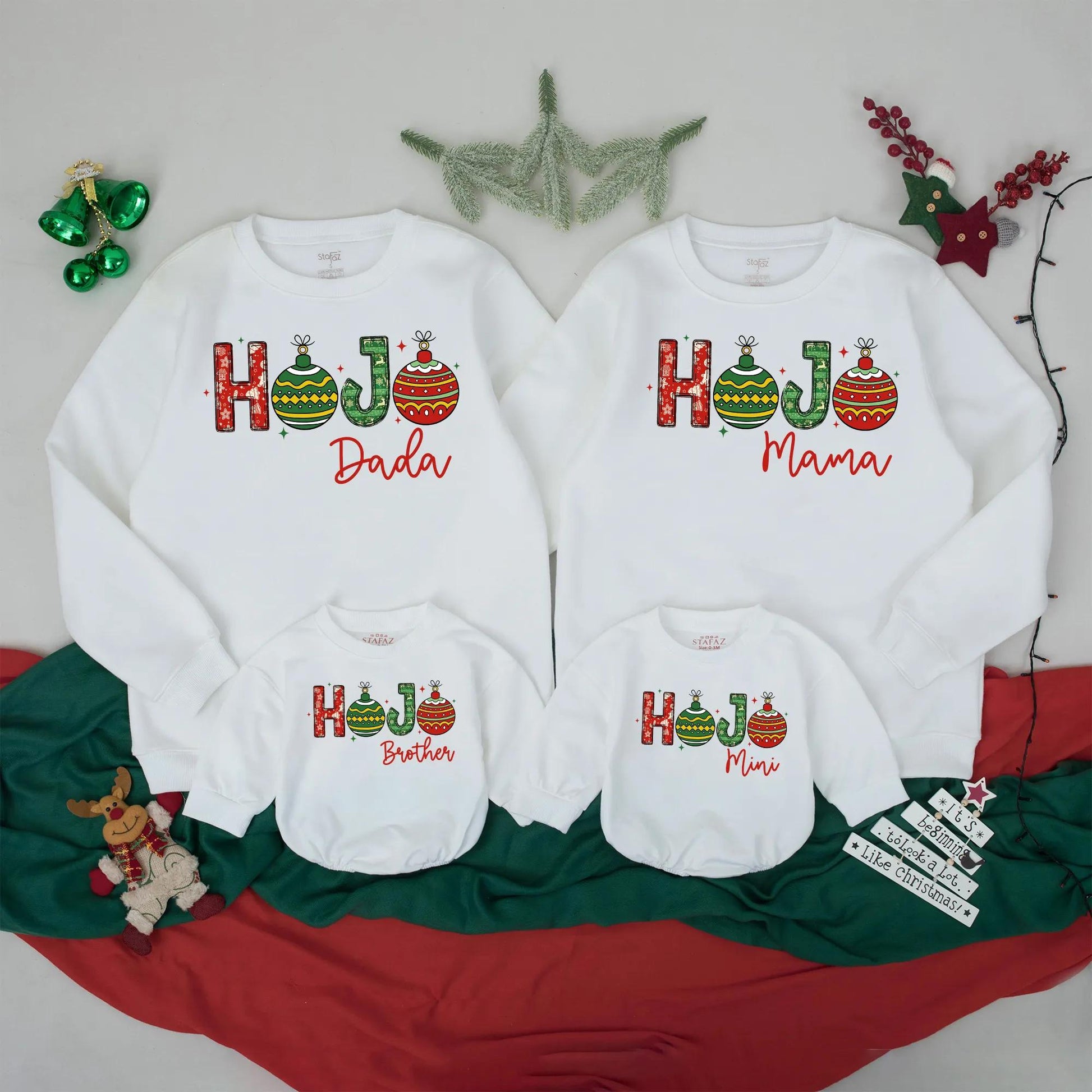 Custom HoJo Family Christmas Sweatshirts Mama Dada Mini Matching Vintage Holiday Outfits Personalized Xmas Gifts Cozy Red Green Ornaments Gold Outline Festive