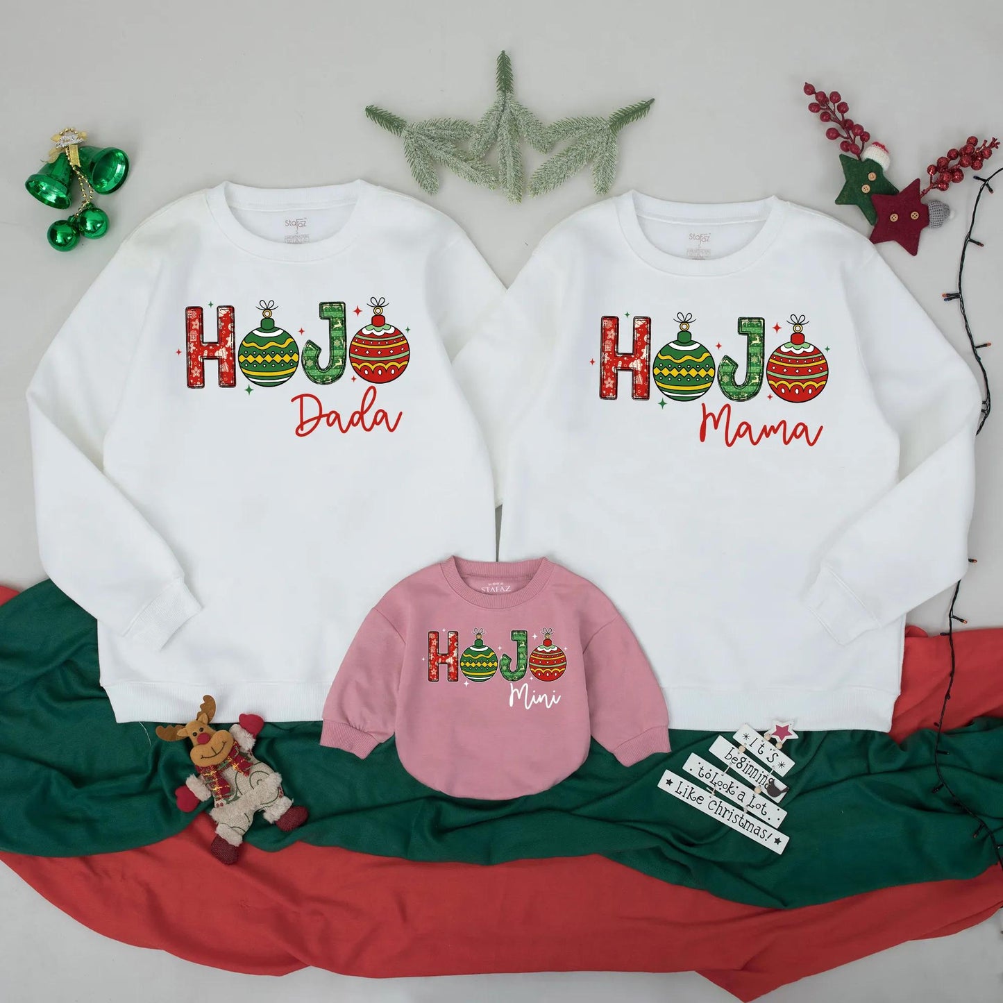 Custom HoJo Family Christmas Sweatshirts Mama Dada Mini Matching Vintage Holiday Outfits Personalized Xmas Gifts Cozy Red Green Ornaments Gold Outline Festive