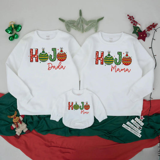 Custom HoJo Family Christmas Sweatshirts Mama Dada Mini Matching Vintage Holiday Outfits Personalized Xmas Gifts Cozy Red Green Ornaments Gold Outline Festive