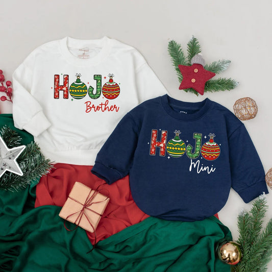 Custom HoJo Family Christmas Sweatshirts Mama Dada Mini Matching Vintage Holiday Outfits Personalized Xmas Gifts Cozy Red Green Ornaments Gold Outline Festive