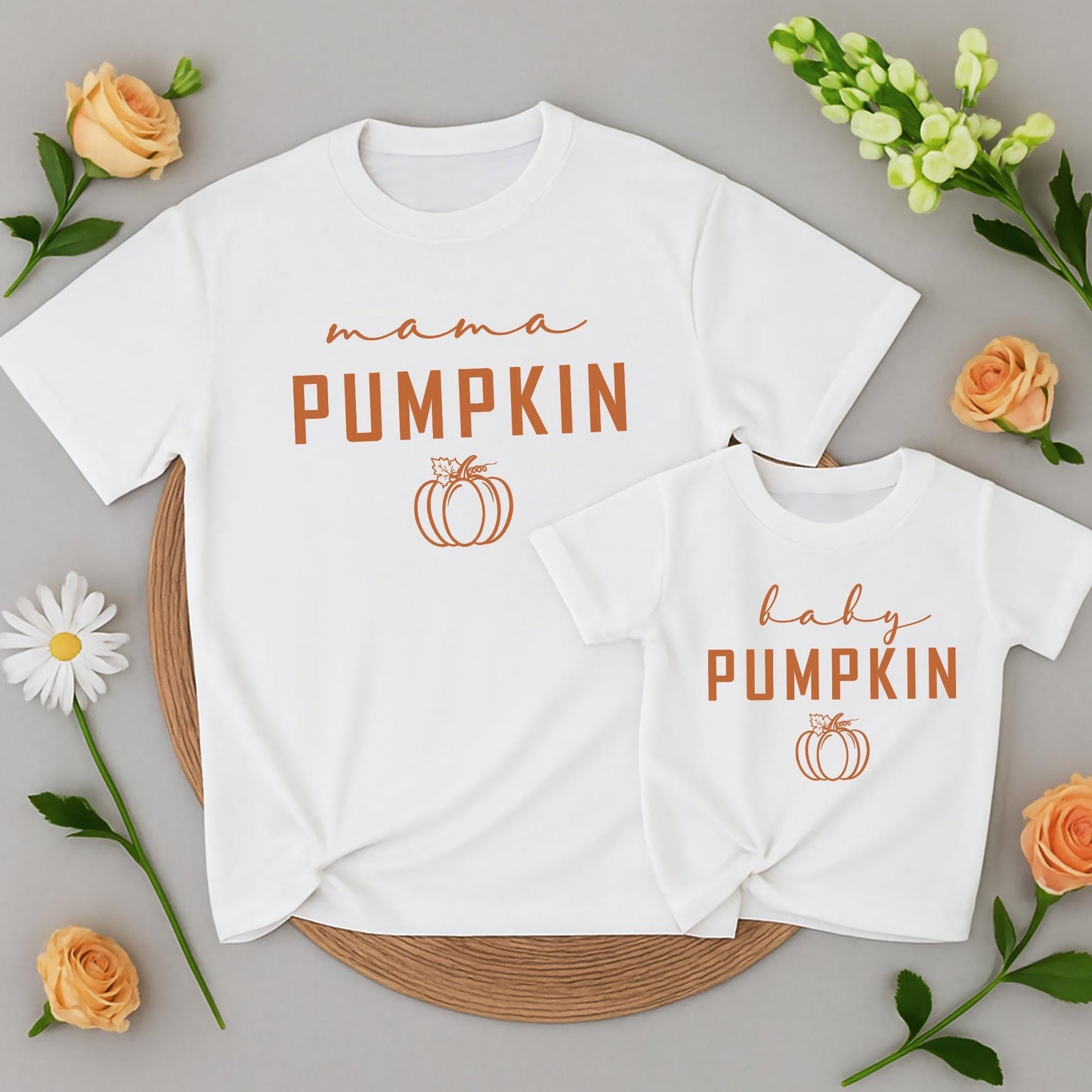 Matching Family Fall Pumpkin Shirts Mama Daddy Little Baby Thanksgiving Outfits with Warm Brown Bold PUMPKIN Text, Cursive Details and Curly Vines