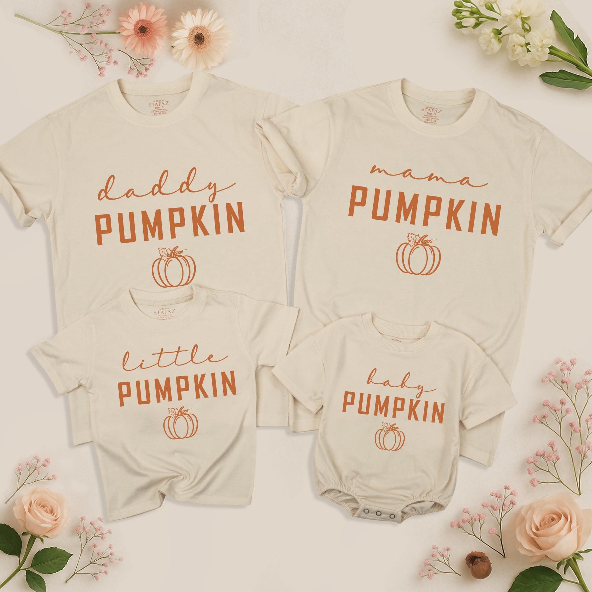 Matching Family Fall Pumpkin Shirts Mama Daddy Little Baby Thanksgiving Outfits with Warm Brown Bold PUMPKIN Text, Cursive Details and Curly Vines