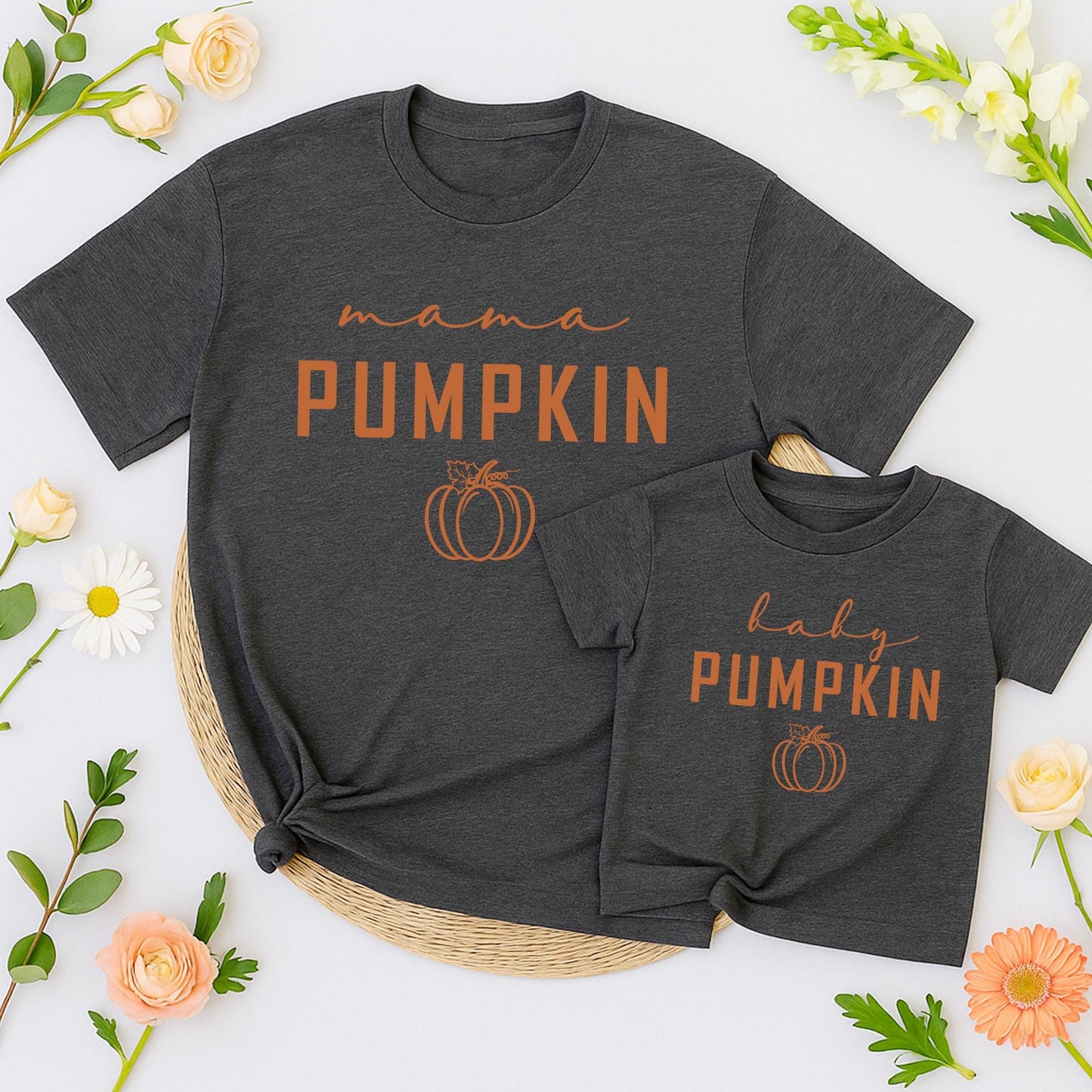 Matching Family Fall Pumpkin Shirts Mama Daddy Little Baby Thanksgiving Outfits with Warm Brown Bold PUMPKIN Text, Cursive Details and Curly Vines