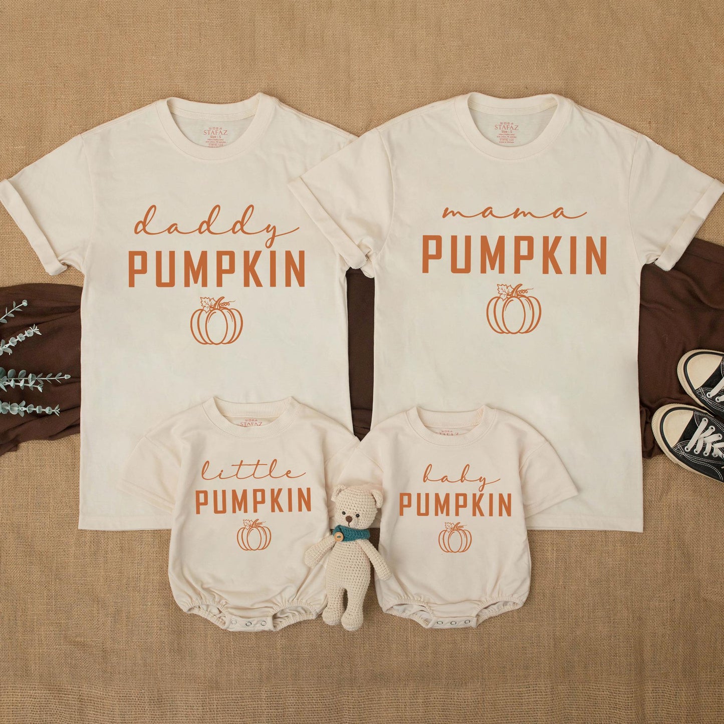 Matching Family Fall Pumpkin Shirts Mama Daddy Little Baby Thanksgiving Outfits with Warm Brown Bold PUMPKIN Text, Cursive Details and Curly Vines