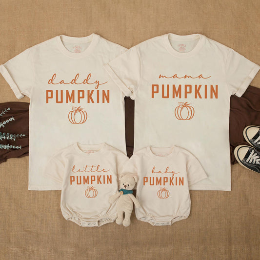 Matching Family Fall Pumpkin Shirts Mama Daddy Little Baby Thanksgiving Outfits with Warm Brown Bold PUMPKIN Text, Cursive Details and Curly Vines