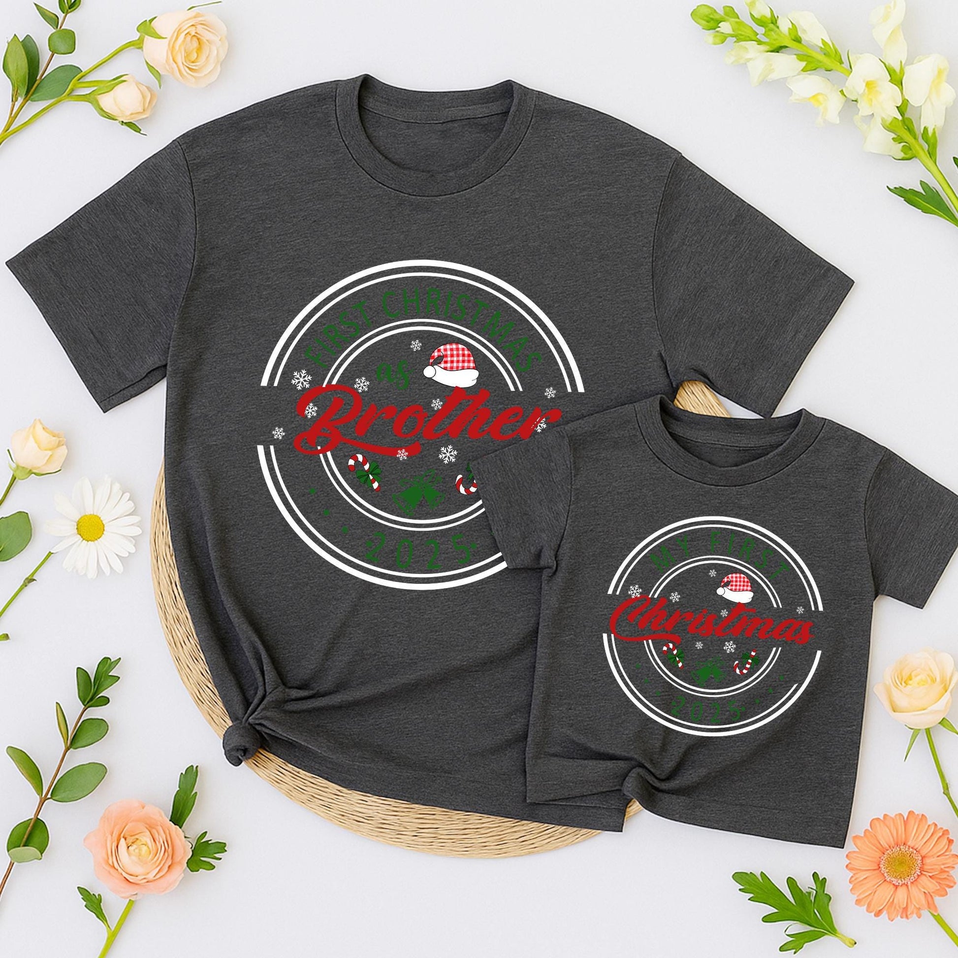 My First Christmas 2025 Personalized Family Matching Shirt for Mom Dad Brother Baby Vintage Festive Snowflakes Candy Canes