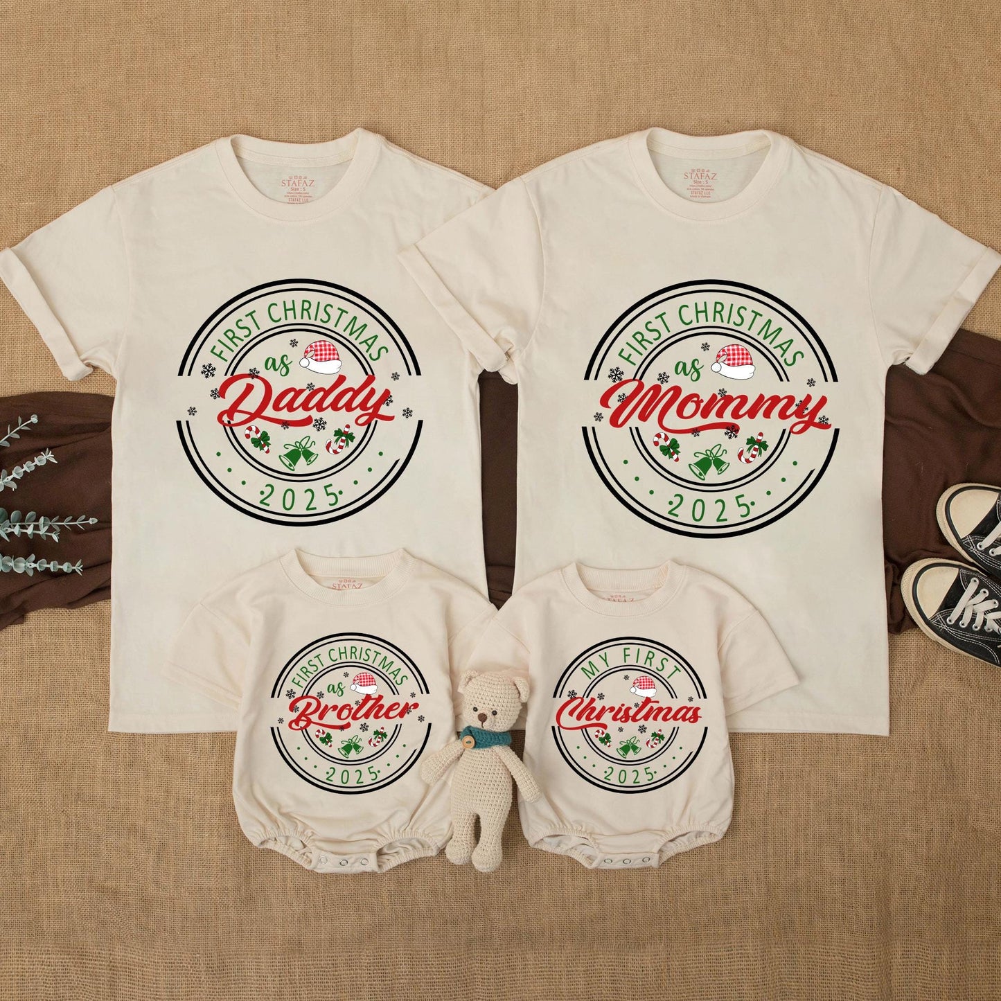 My First Christmas 2025 Personalized Family Matching Shirt for Mom Dad Brother Baby Vintage Festive Snowflakes Candy Canes