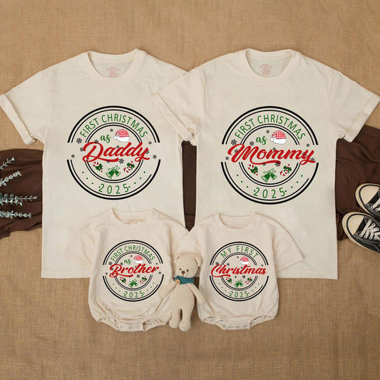 My First Christmas 2025 Personalized Family Matching Shirt for Mom Dad Brother Baby Vintage Festive Snowflakes Candy Canes