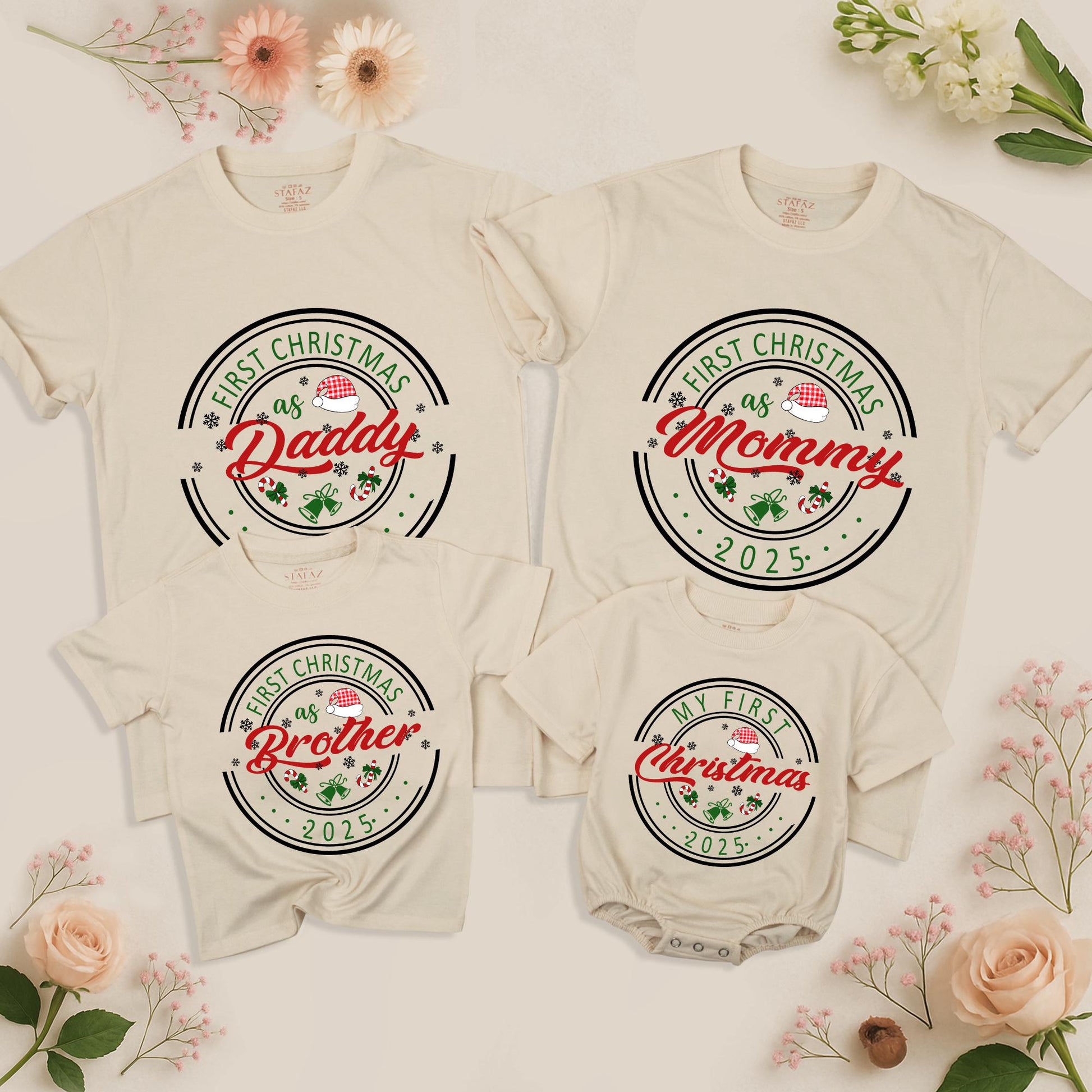 My First Christmas 2025 Personalized Family Matching Shirt for Mom Dad Brother Baby Vintage Festive Snowflakes Candy Canes