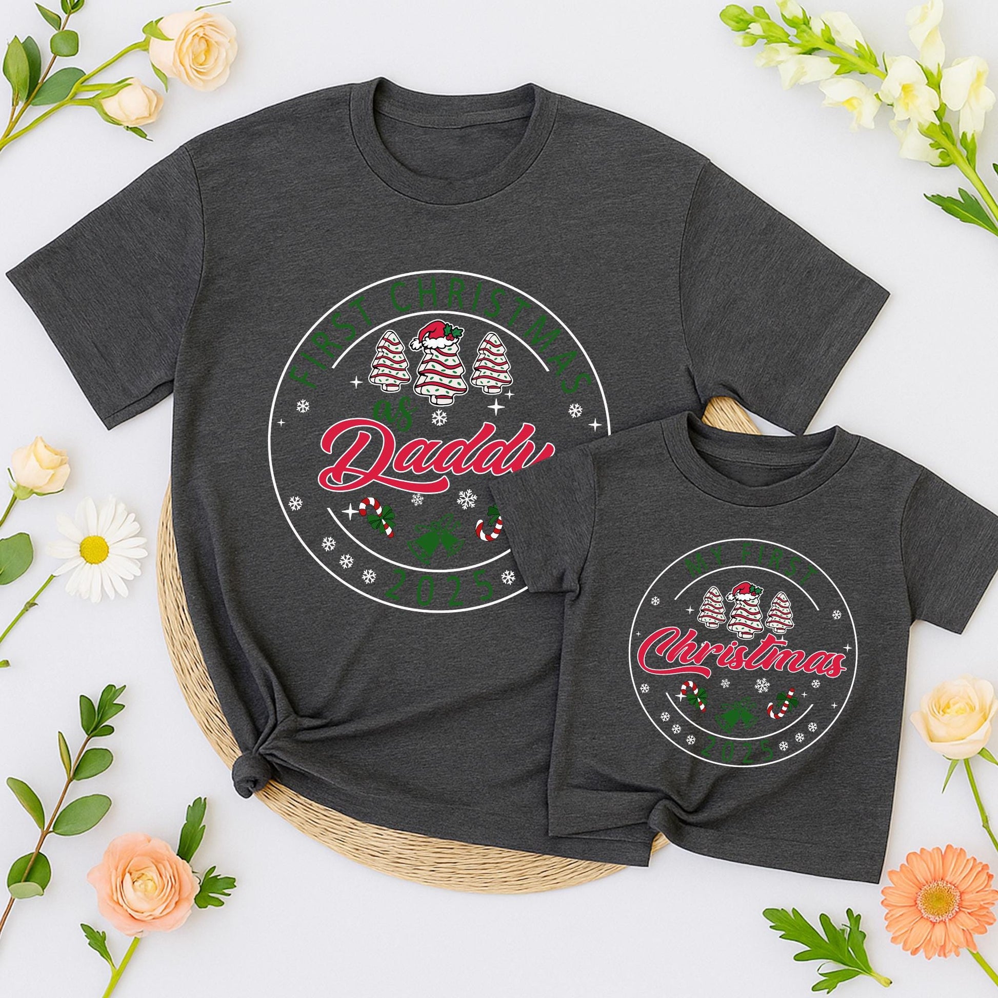 Personalized First Christmas Family Matching Shirt 2025 with Names Festive Red Green Tree Snowflake Bell Candy Cane Design Soft Cotton Holiday