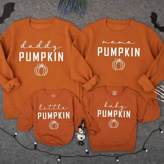 Personalized Matching Family Pumpkin Sweatshirts featuring Mama Daddy Little Baby designs Retro Fall Halloween Season Gifts