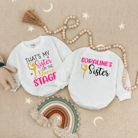 Custom Name Glitter Dance Sister Bubble Romper Matching Family Baby Gift Pink Gold Dancer Design Dance Team Outfit Toddler Girl Recital Present Playful Cute