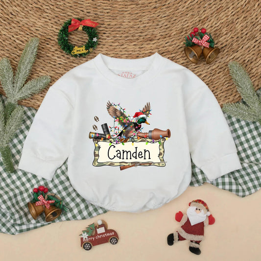 Personalized Christmas Mallard Duck Romper Hunting Baby Outfit with Name Santa Hat Festive Whimsical Rustic Holiday Clothes Gift