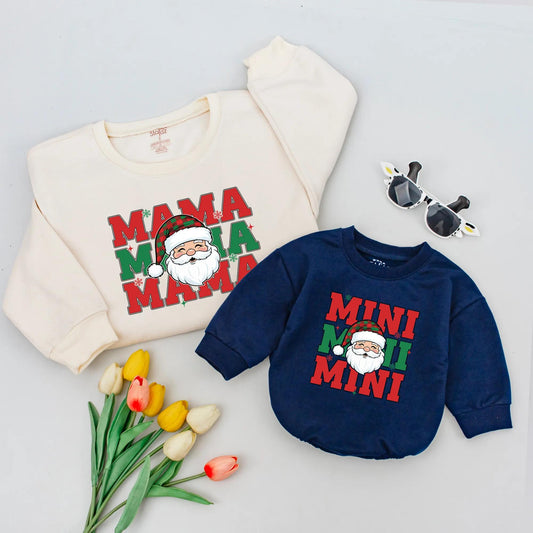 Cute Santa Mama & Mini Matching Christmas Sweatshirts with Vertical Mama Mini Text and Plaid Hat, Festive Holiday Family Sweaters