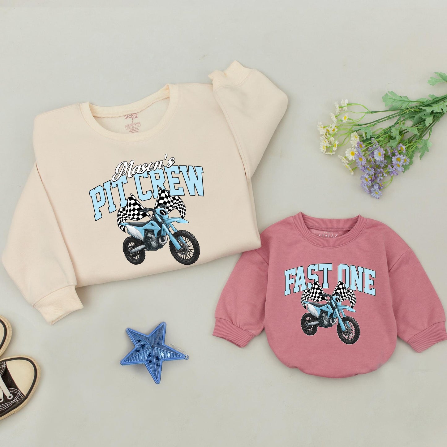 Matching Pit Crew Birthday Outfit for Boy: Personalized Dirt Bike Sweatshirt & Fast One Romper, Family Race Day