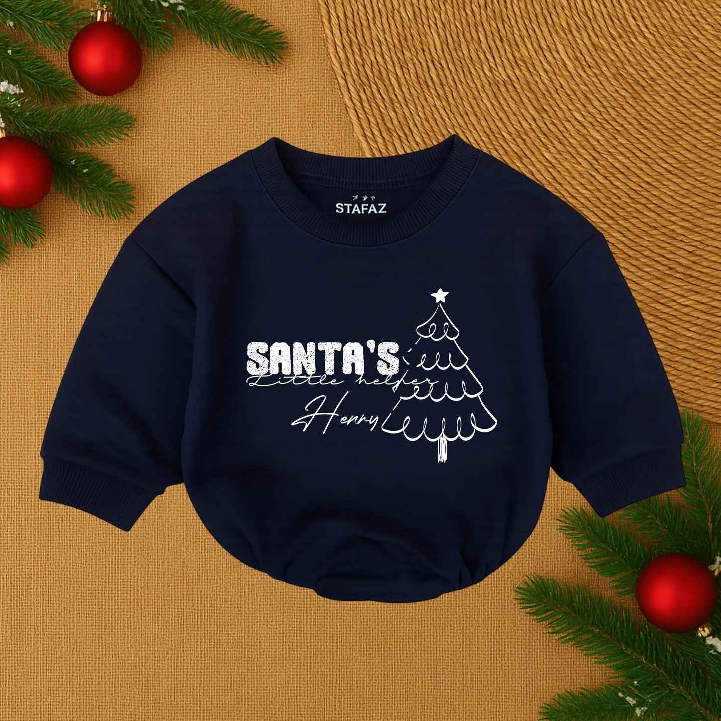 Santa's Little Helper Christmas Baby Romper, Bodysuit, or Outfit - Red Text & Green Tree Design, Custom Name Baby Shower Gift