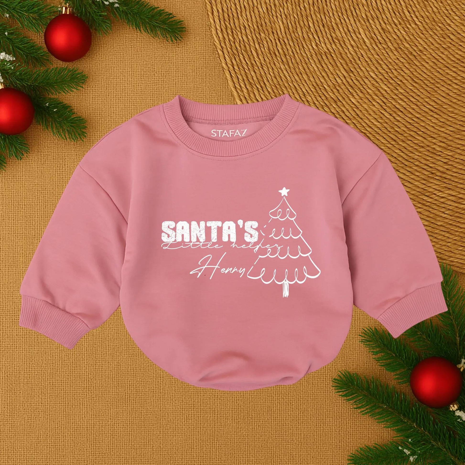 Santa's Little Helper Christmas Baby Romper, Bodysuit, or Outfit - Red Text & Green Tree Design, Custom Name Baby Shower Gift
