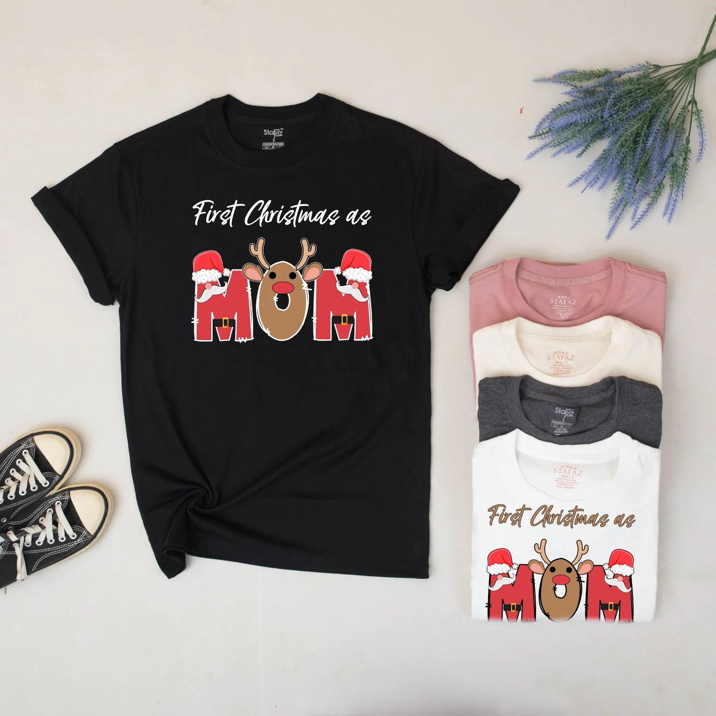 First Christmas as Dad Matching Family Sweatshirt Red Brown White Reindeer Santa Hat Graphics Custom Name Holiday Gift Cozy Festive Fun