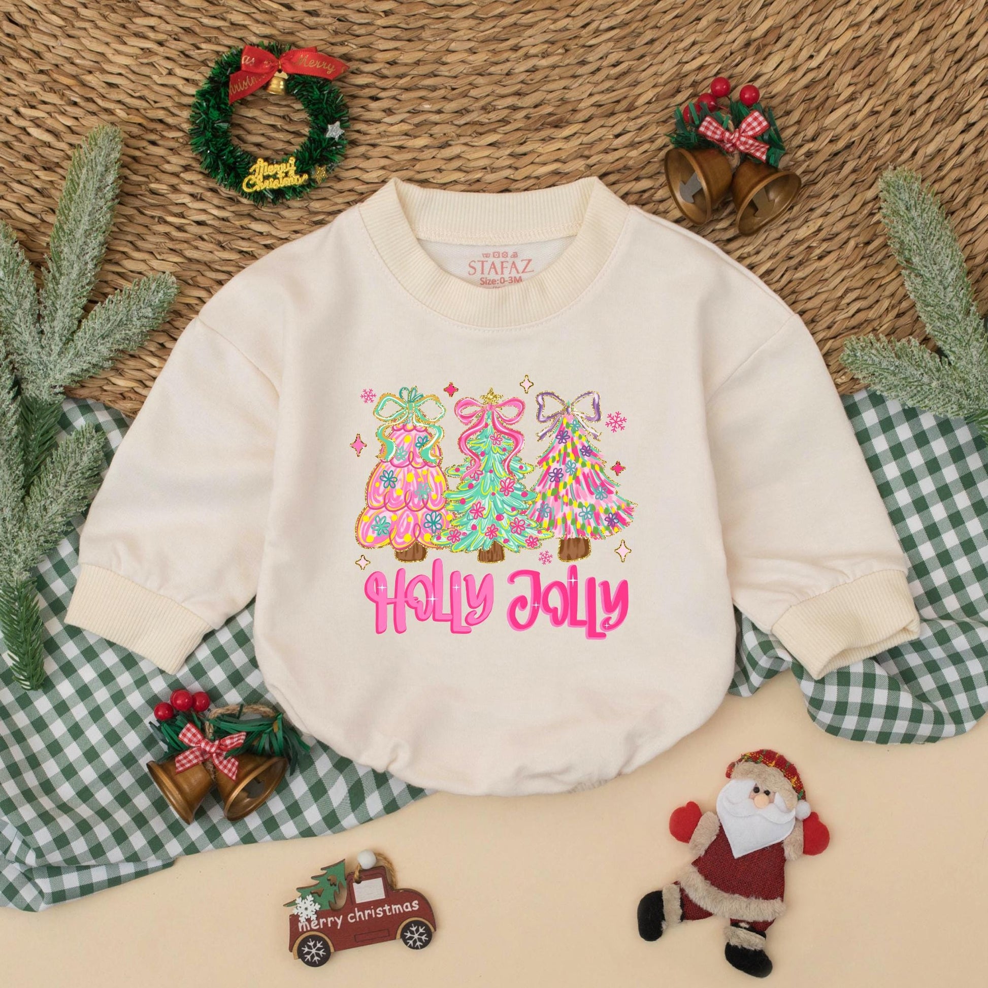 Holly Jolly Christmas Baby Girl Bubble Romper Whimsical Pastel Trees Floral Holiday Infant Bodysuit My First Xmas Outfit Festive Gift