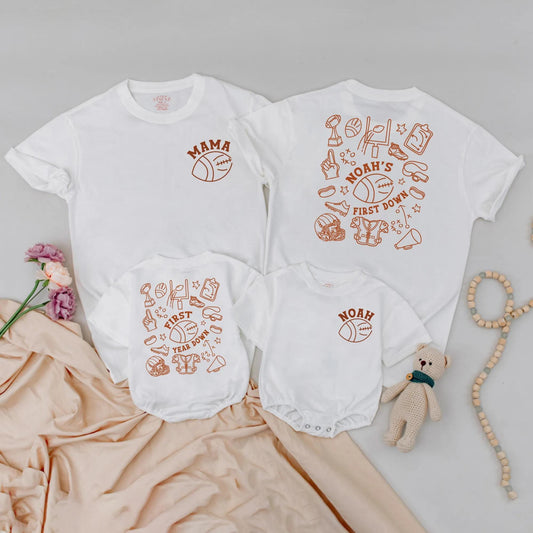 Matching Football 1st Birthday Shirts: Mama & Noah Designs, First Down Year Down Toddler Outfit, Baby Boy & Girl Matching Family Game Day Gift (140 chars)