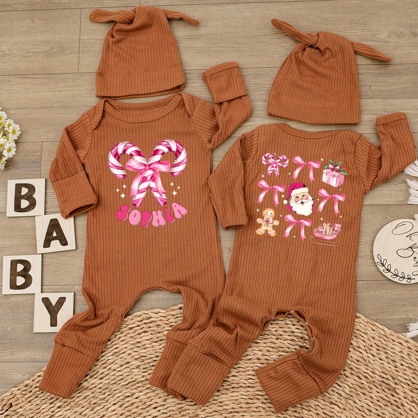 Personalized Christmas Baby Girl Bodysuit with Candy Cane Santa Pink Romper & Hat Custom Name Holiday Festive Infant Outfit Gift