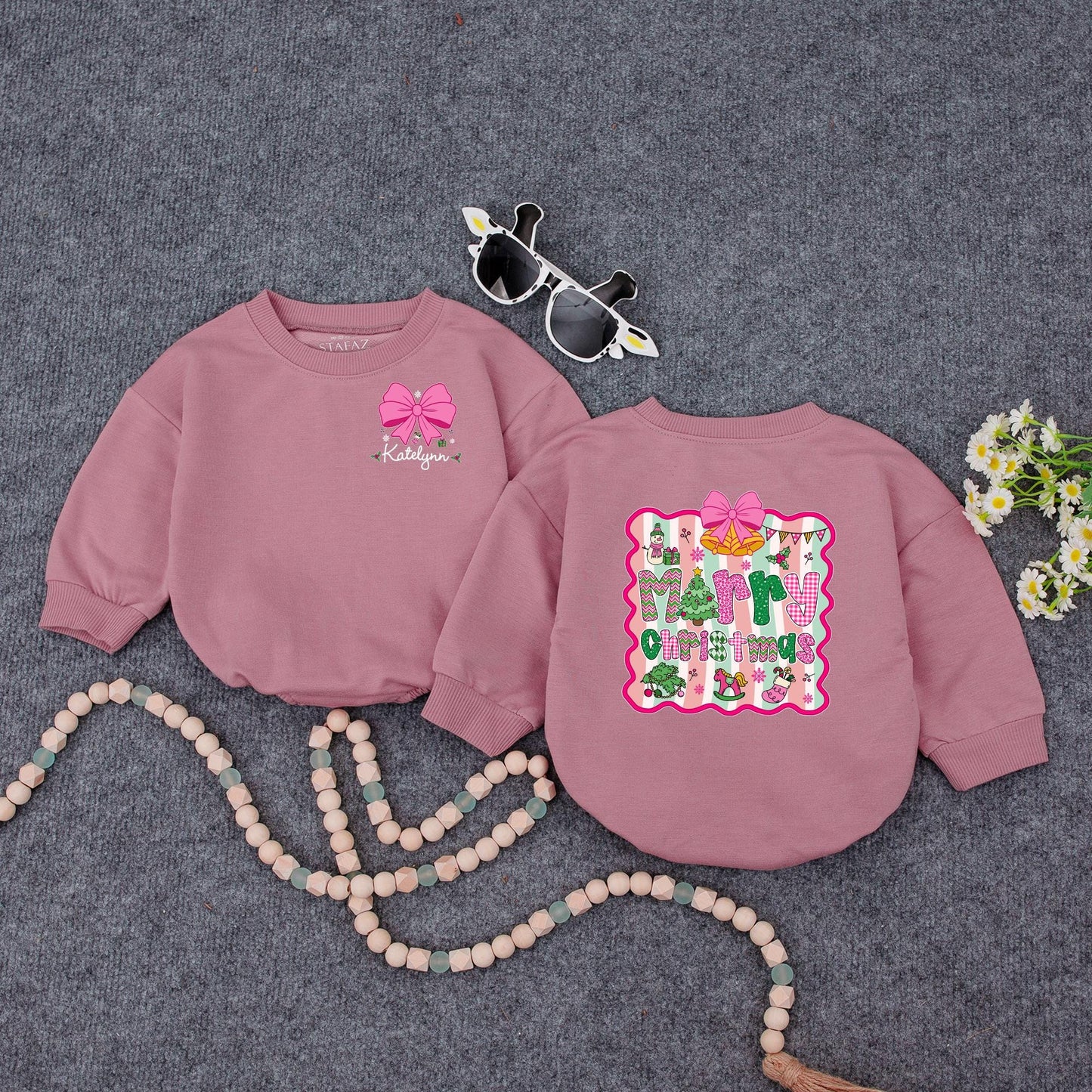 Personalized Merry Christmas Baby Girl Romper, Custom Name Pink Bow Outfit, Festive Holiday Xmas Romper, Adorable Winter Gift Idea (138 chars)