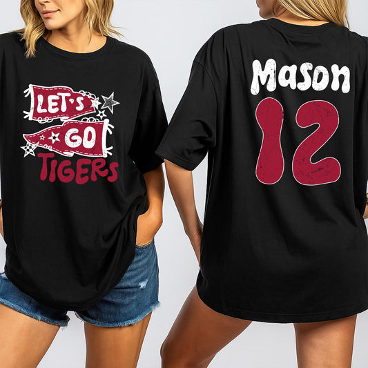 Vintage Let's Go Tigers Pennant Flag Mascot Shirt Red White Distressed Custom Name Mason 12 Game Day Fan Gift School Spirit Tee 138 Chars