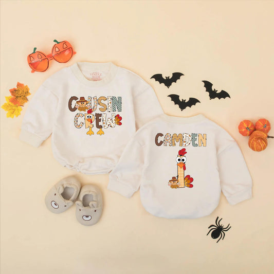 Custom Thanksgiving Cousin Crew Baby Romper with Turkey Design perfect for a memorable First Thanksgiving Gift matching soft infant fall outfits