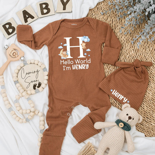 Personalized Hello World Baby Boy Bodysuit Coming Home Outfit Newborn Romper Baby Shower Gift Baby Announcement Bear