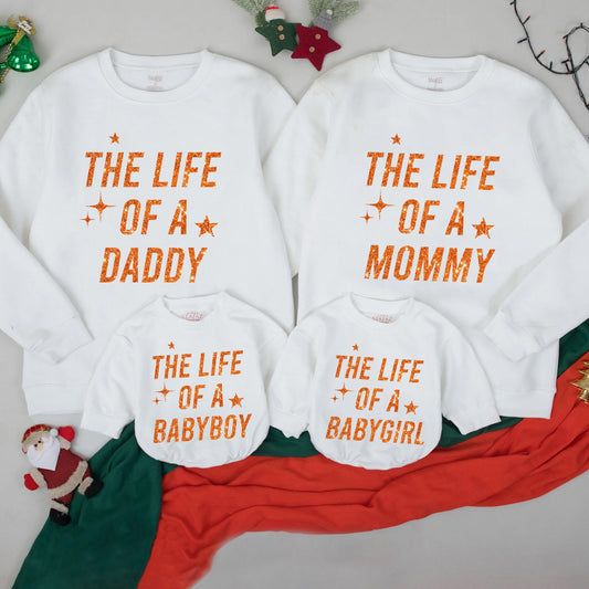 The Life of a Custom Family Matching Sweatshirt, Glitter Star Design Mommy Daddy Babygirl, Personalized Orange Text Outfit, Soft Comfy Sweaters