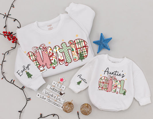 Auntie & Girl Matching Christmas Sweatshirts: Festive Holiday Outfits with Plaid & Bow Lettering, Personalized Aunt & Niece 'Tis the Season Sweaters