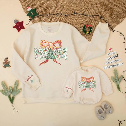 Mama and Mini Matching Christmas Sweatshirt Set Red Gingham Bow Outfit Holiday Berries Personalized Gift Cute Family Christmas Tree Design 138