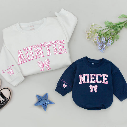 Matching Auntie & Niece Sweatshirts: Floral Bow Design, Auntie's Bestie, Fun New Aunt Gift, Personalized Name Sleeve, Playful Auntie Me Set, Pink Accents