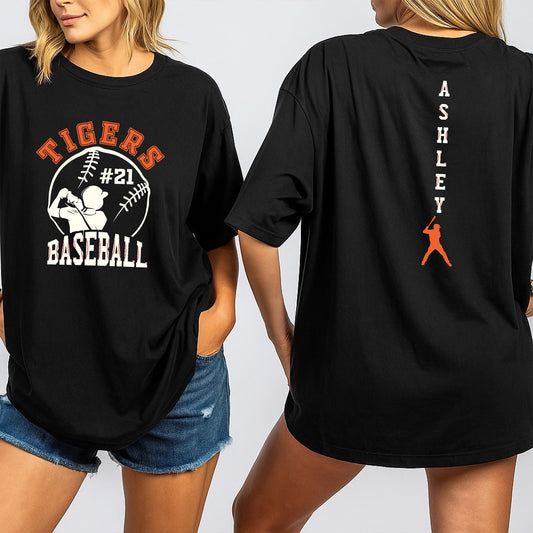 Custom Tigers Baseball Jersey Tee with Ashley Name & #21 Baseball Graphic, Game Day Fan Shirt, Team Spirit Wear Gift