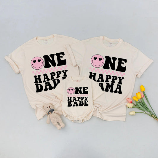One Happy Dude 1st Birthday Matching Family Shirts: Retro Smiley Face Tees for Mom, Dad & Baby Boy's Pink First Birthday Outfit - Fun, Groovy & Cool!