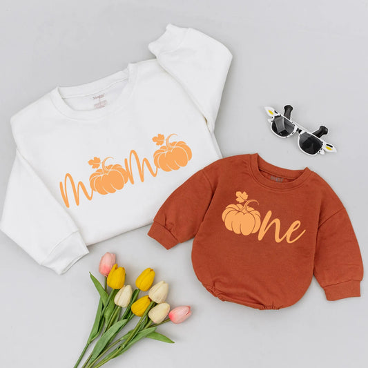 Mommy and Me Pumpkin Matching Outfit Cute Mom Pumpkin and Baby One Pumpkin Sweater Romper Fall Family Matching First Thanksgiving Shirt